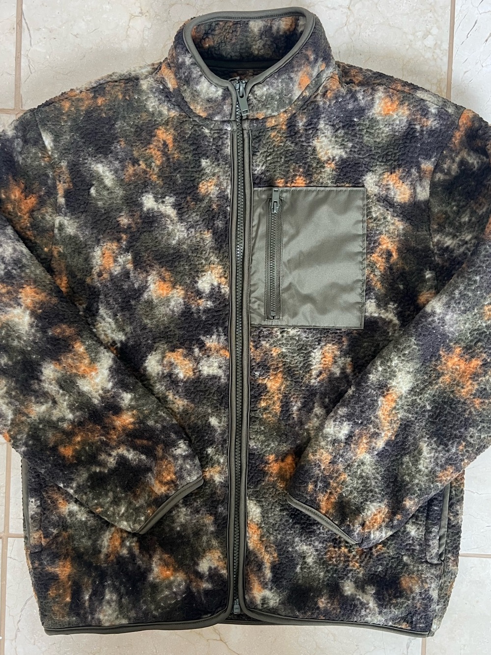 Old Navy Boys Green Black Camo Full Zip Fleece Sherpa Jacket Mock Neck XL 14 16